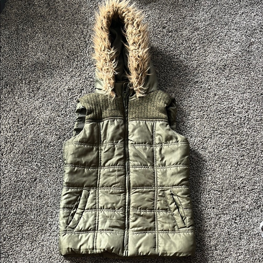 Olive Green Hooded Puffer Vest with Faux Fur Trim